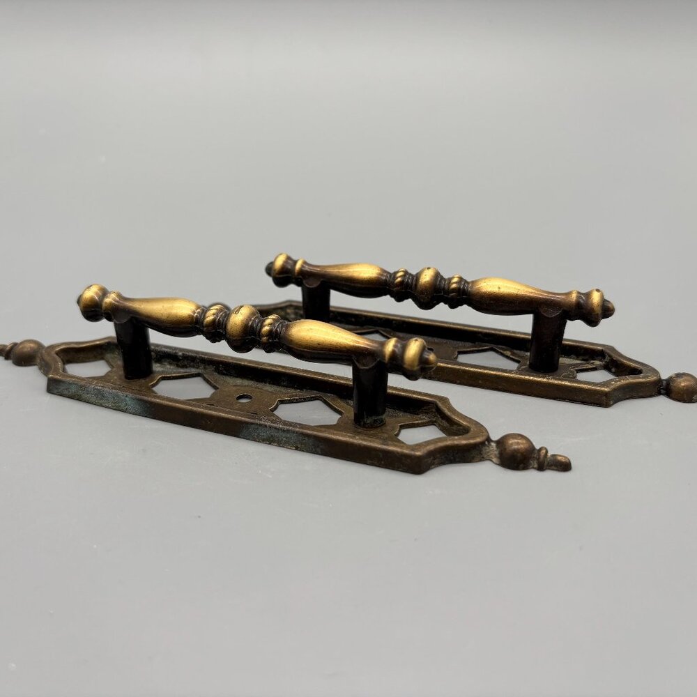 Vintage Ornate Brass Drawer Pulls With Turned Handles And Decorative Backplates